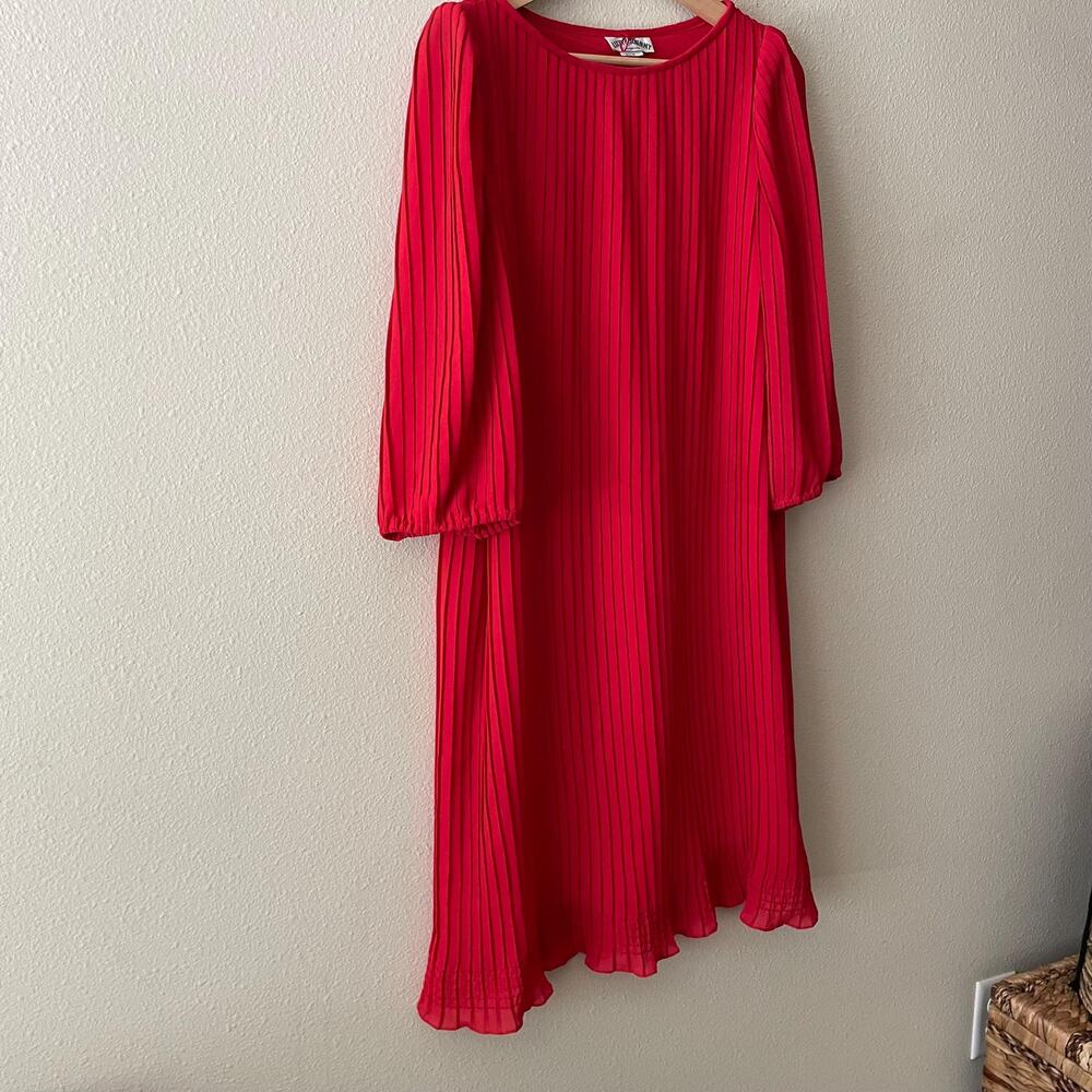 80s vintage red pleated midi dress with puff sleeves maximalist - Picture 3 of 10